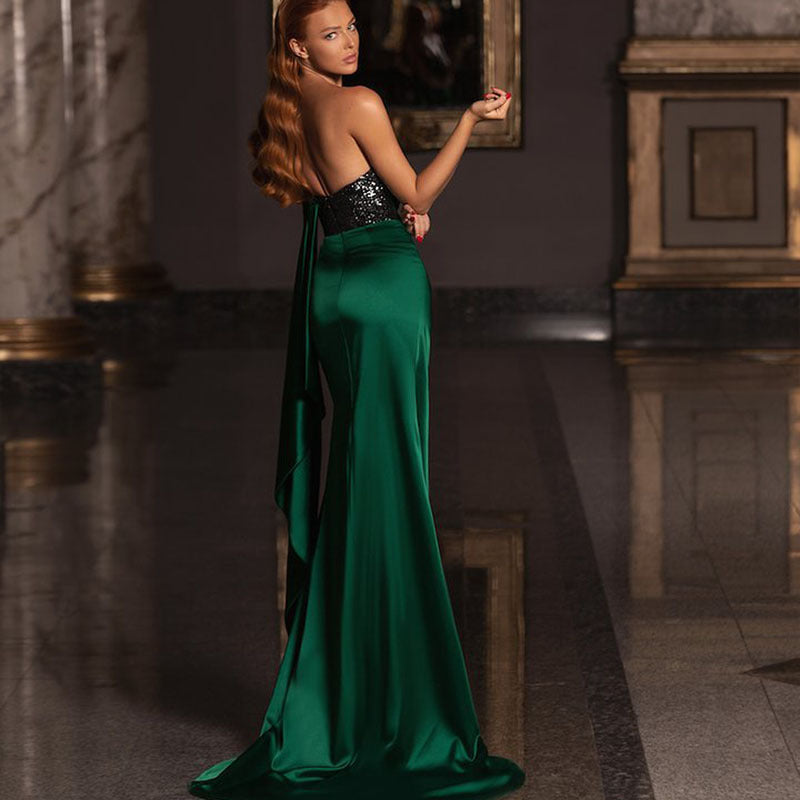 One Shoulder Sequin Bust Panel Ruched High Split Satin Maxi Gown - View 2