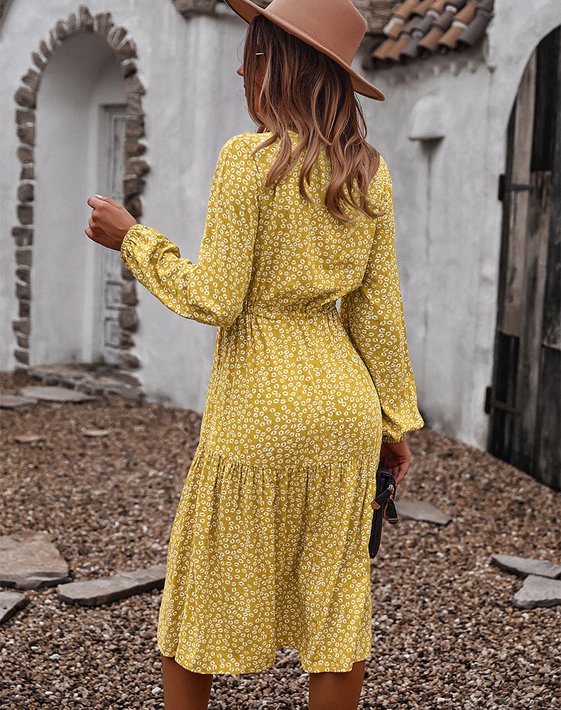 Floral Print V-Neck Long Sleeve Wrap Tiered Midi Dress