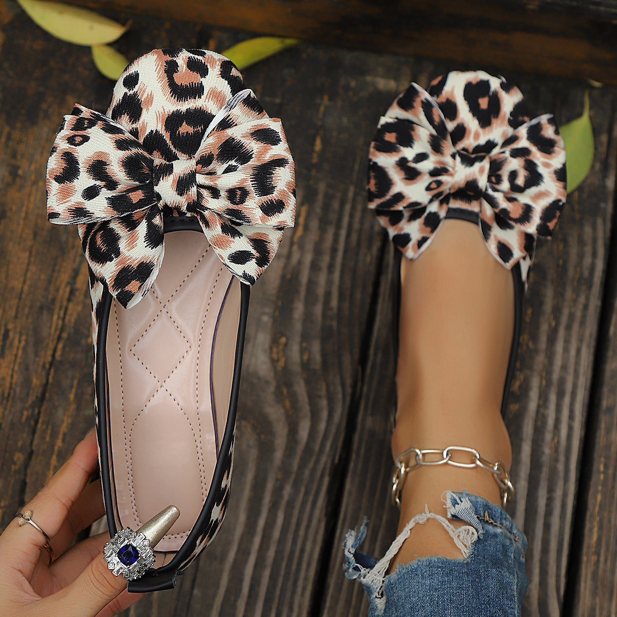 Round toe leopard print bow low heel shoes