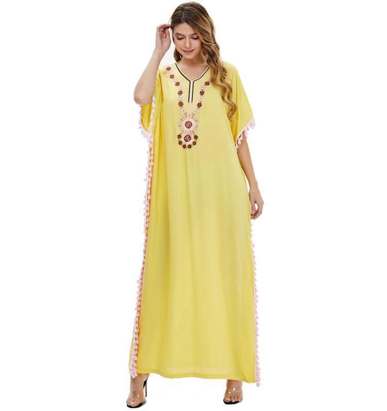 Embroidered V-Neck Tassel Trim Kaftan Maxi Dress