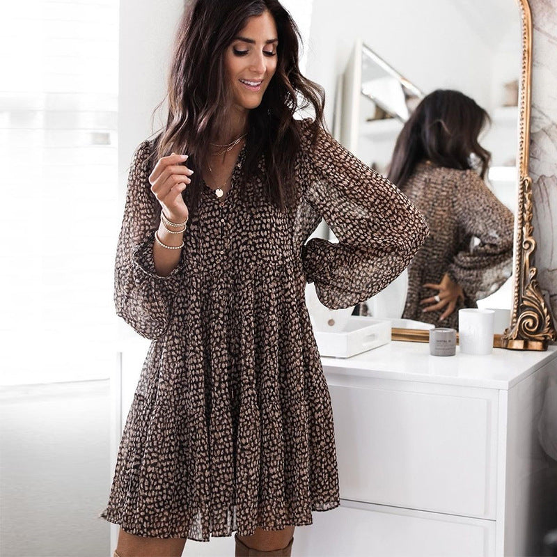 Printed V-Neck Long Sleeve Tiered Mini Dress