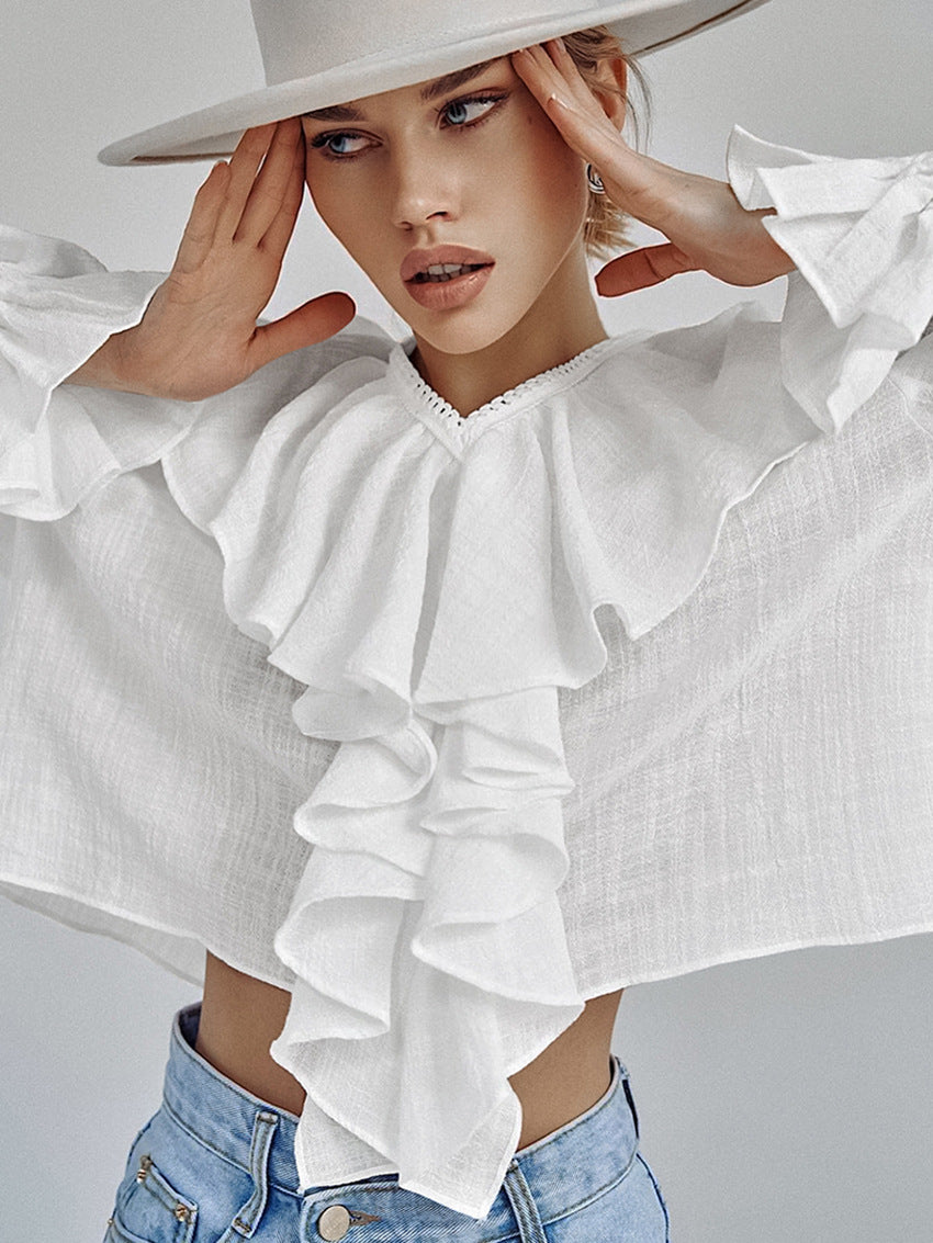 Drop Shoulder Ruffled Cotton Blouse