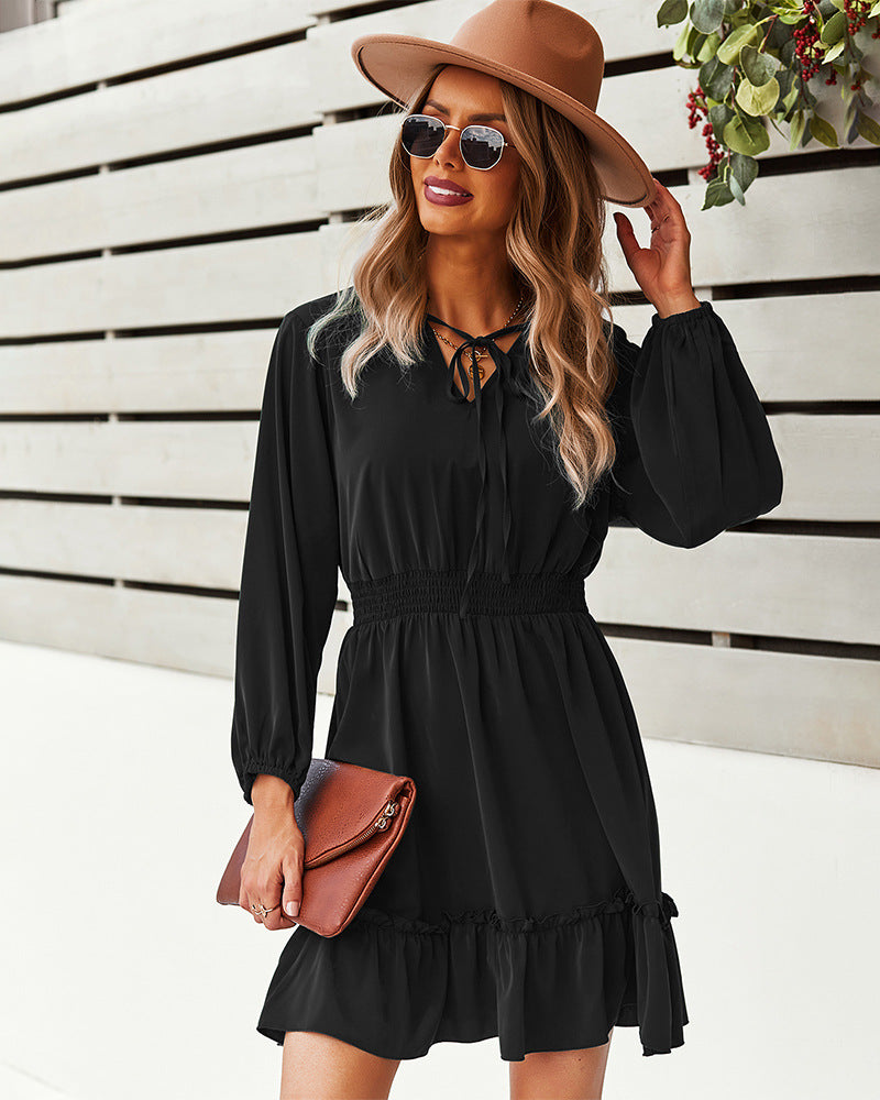 Chiffon Tie Neck Long Sleeve Ruffle Hem Mini Dress