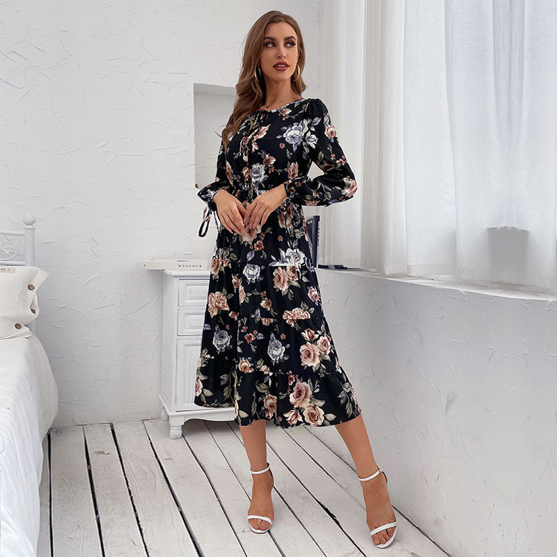 Floral Print Round Neck Long Sleeve Tiered Fit & Flare Midi Dress