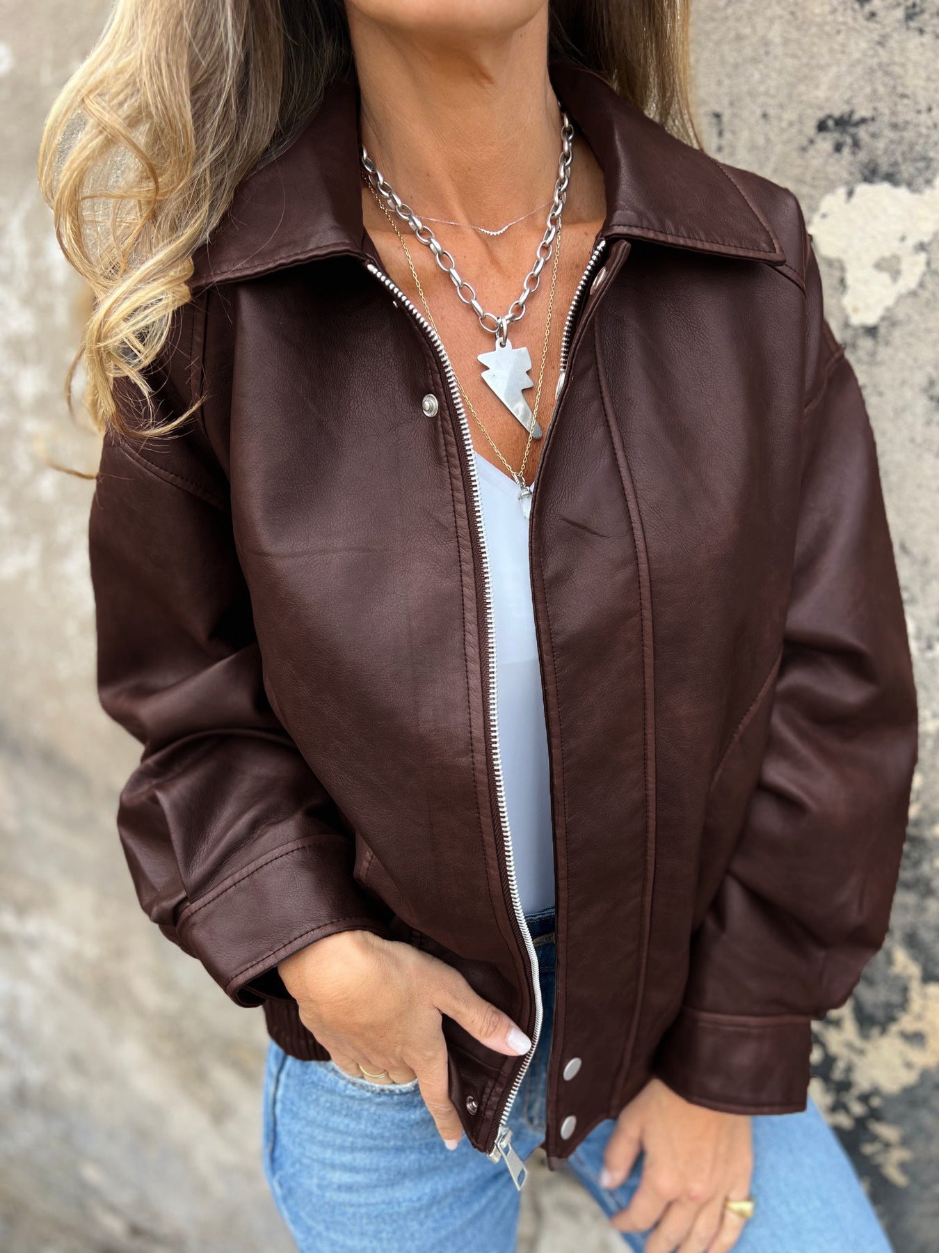 Retro Loose PU Motorcycle Bomber Jacket for Stylish Riders