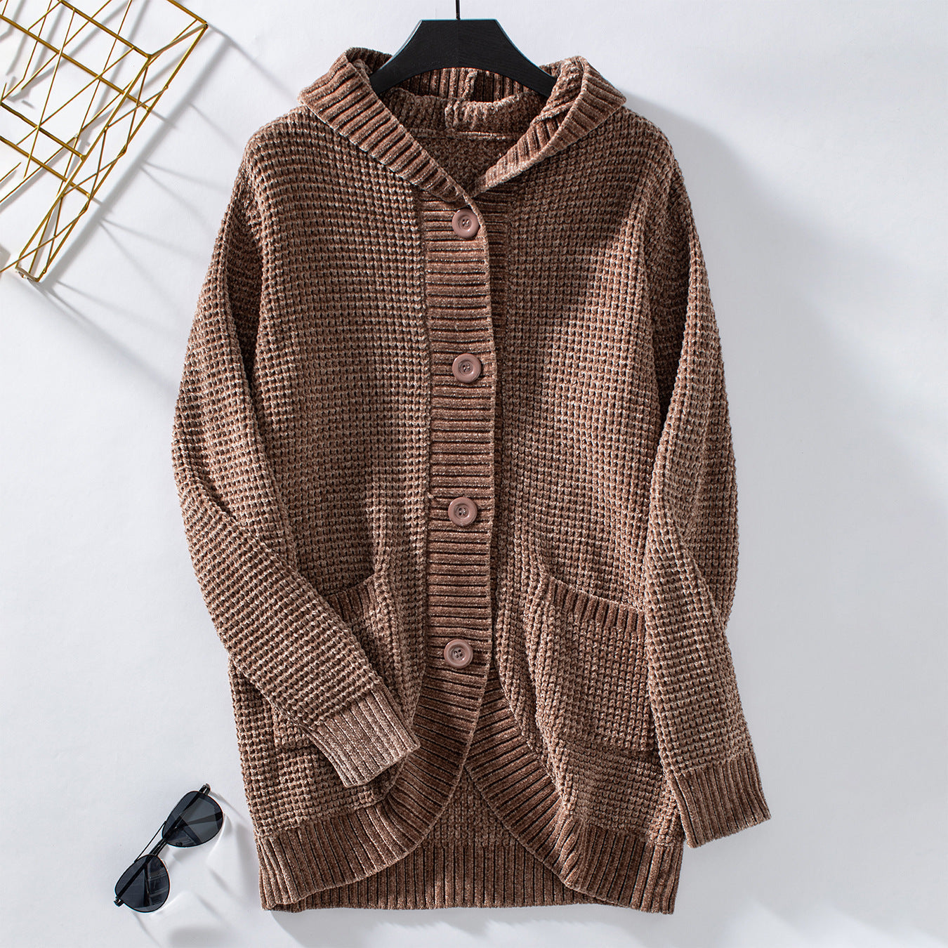 Vintage Loose Button Hooded Knit Cardigan for Cozy Style