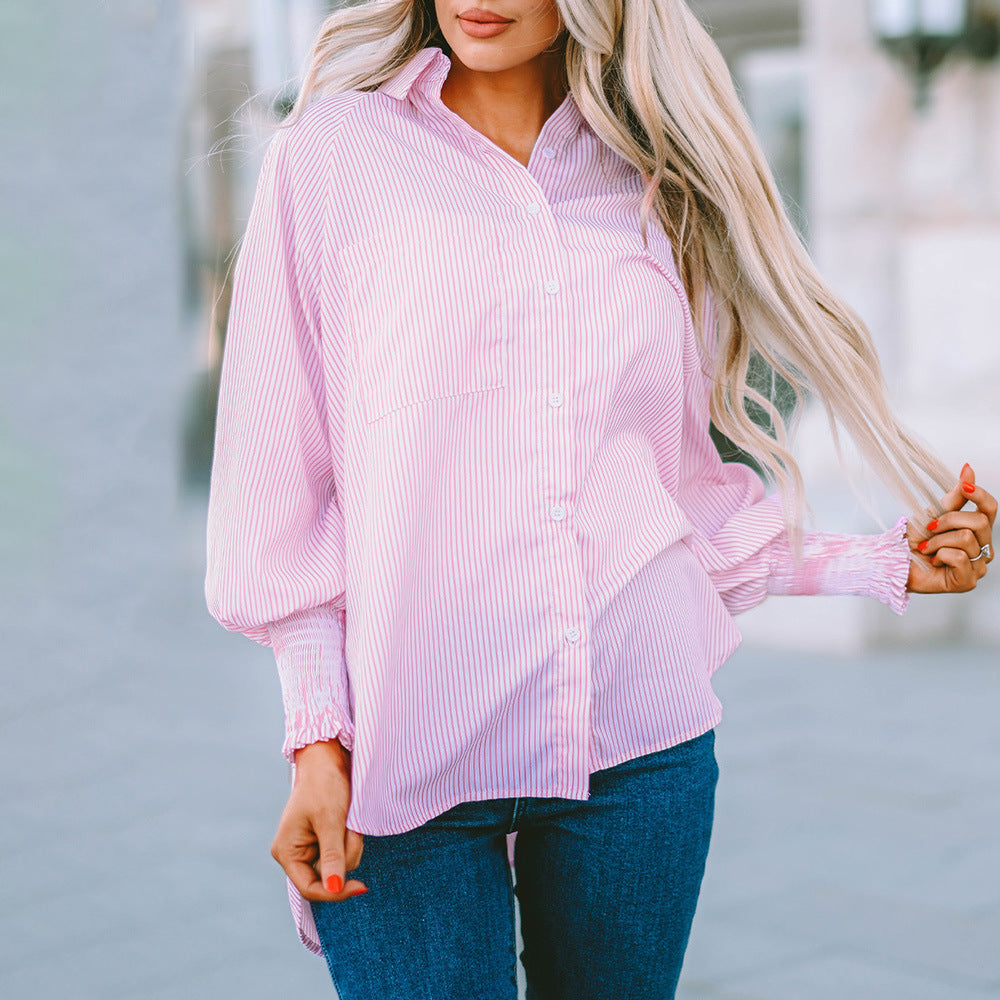 Striped Off Shoulder Long Sleeve Button Down Shirt 3