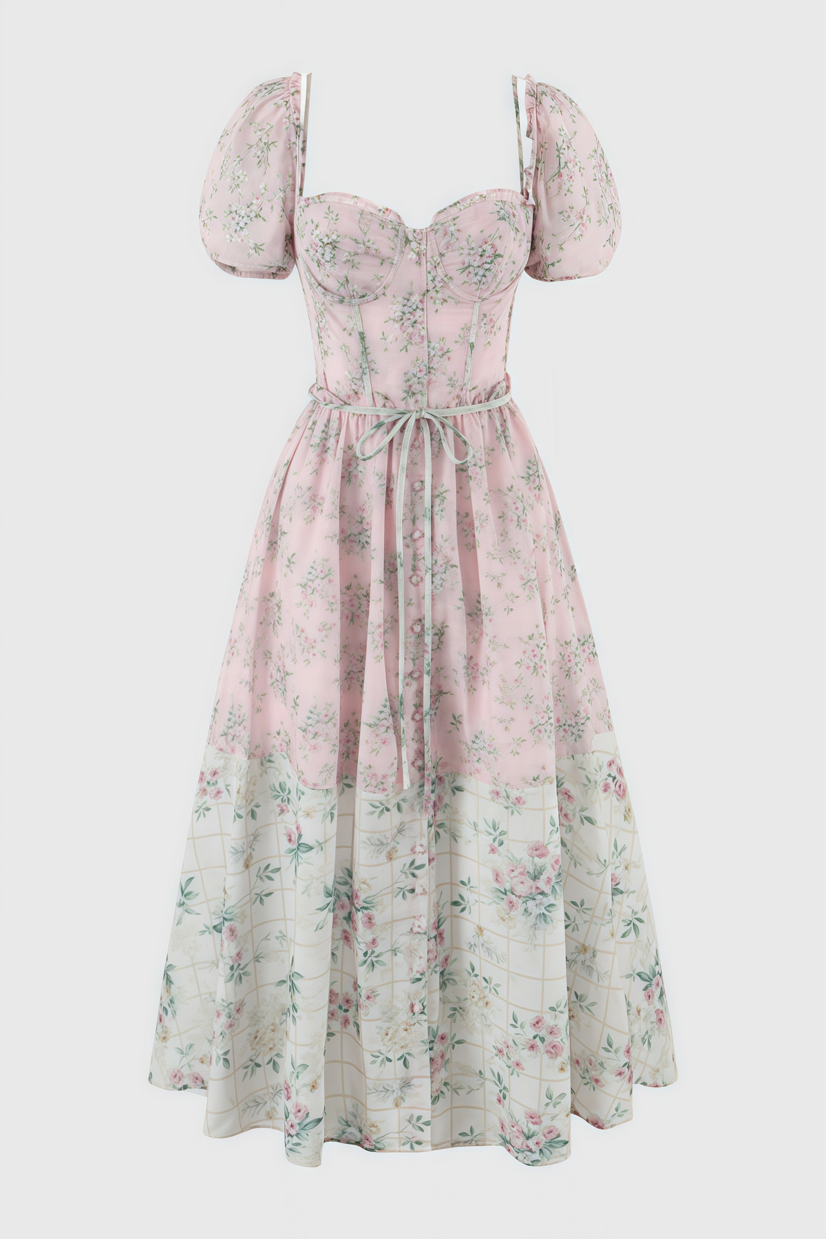 Floral Print Sweetheart Puff Sleeve Corset A-Line Midi Dress - View 5