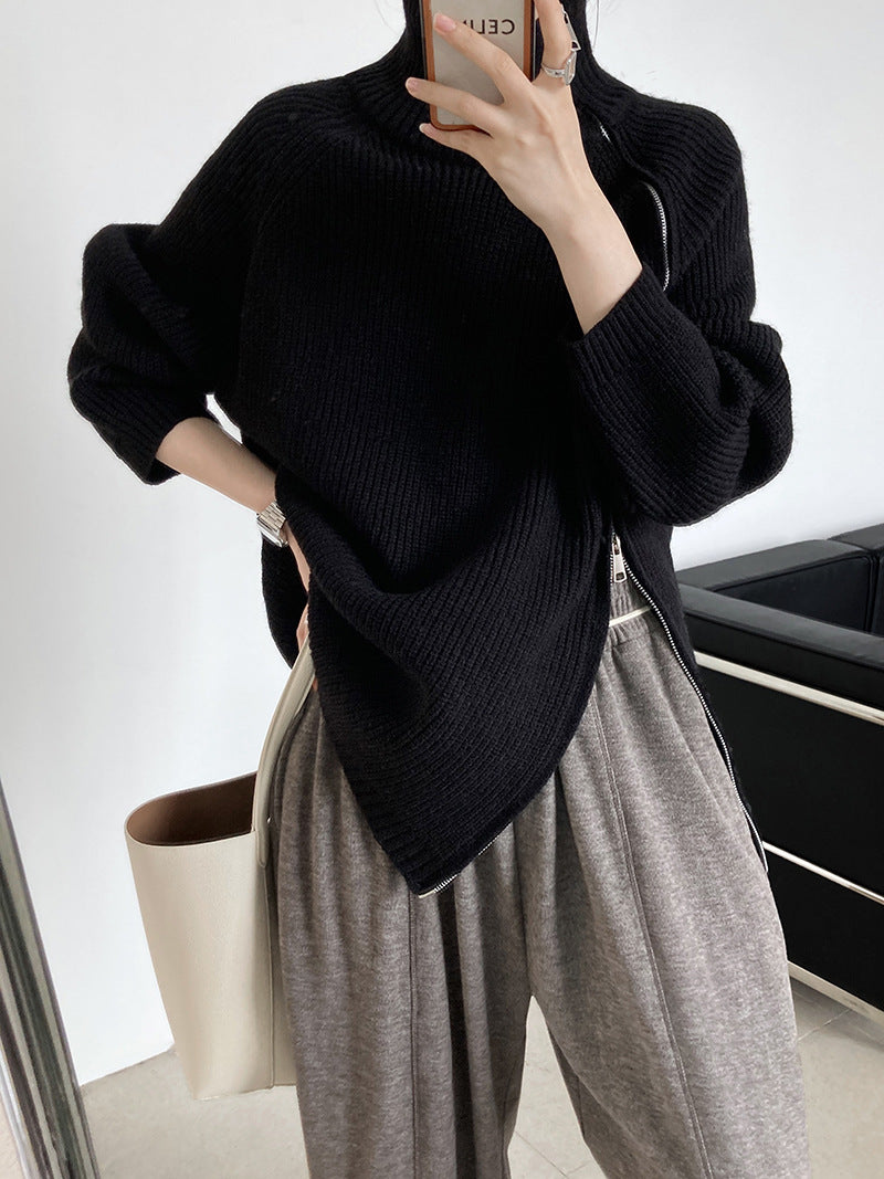ShoptheCIC Solid Color Turtleneck Knit Sweater with Zip