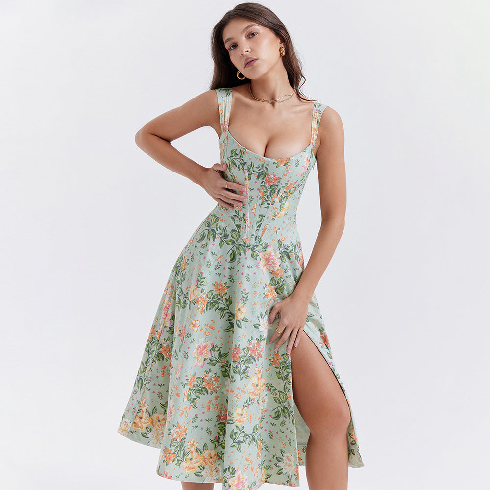 Floral Corset Wide Strap High Split Fit and Flare Midi Dress
