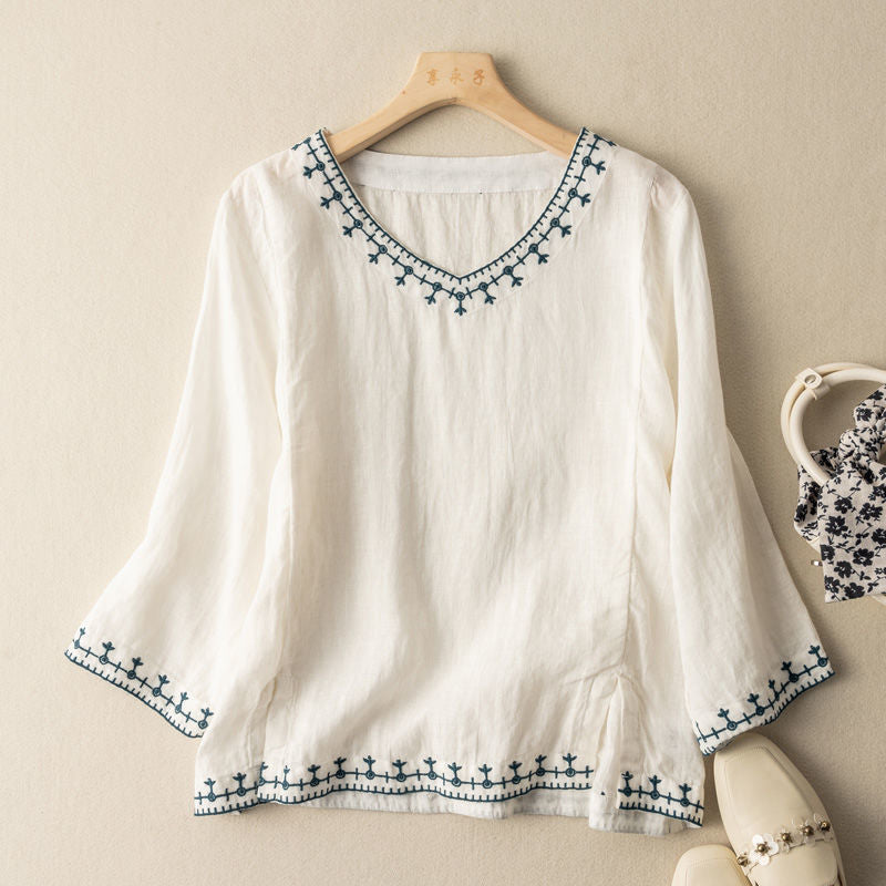 Embroidered V-Neck Three Quarter Sleeve Linen Look Top