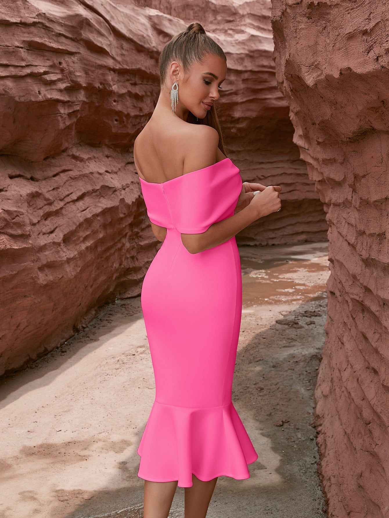 Evening Dress Bow off Shoulder Dress Elegant Ruffles Party Party Dress - Fashionpara