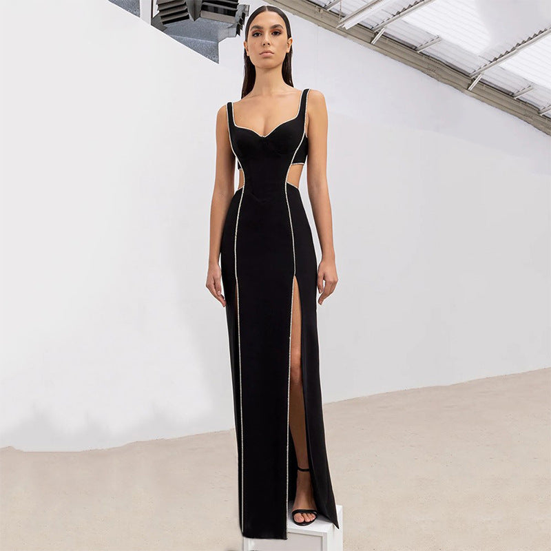 Sweetheart Spaghetti Strap Rhinestone Trim Cut Out Side Maxi Gown - View 4