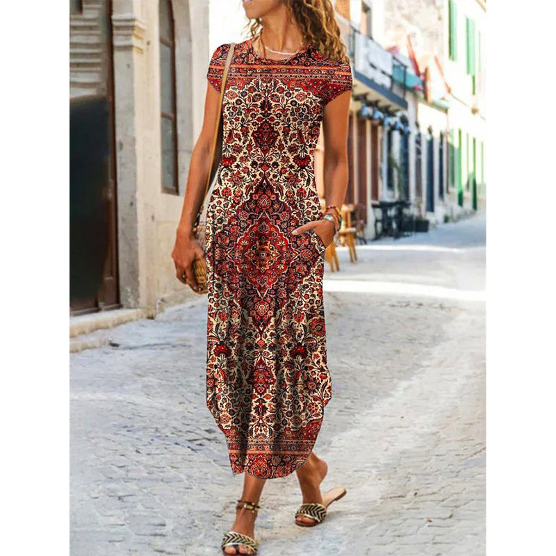 Baroque Print Crew Neck Short Sleeve Midi Dress