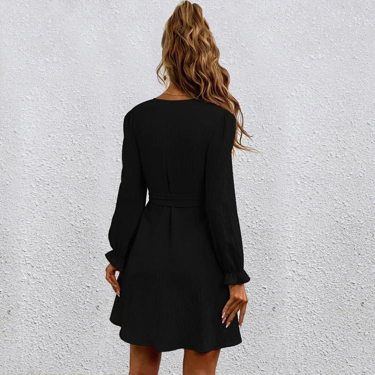 V-Neck Wrap Long Sleeve Belted Fit & Flare Mini Dress