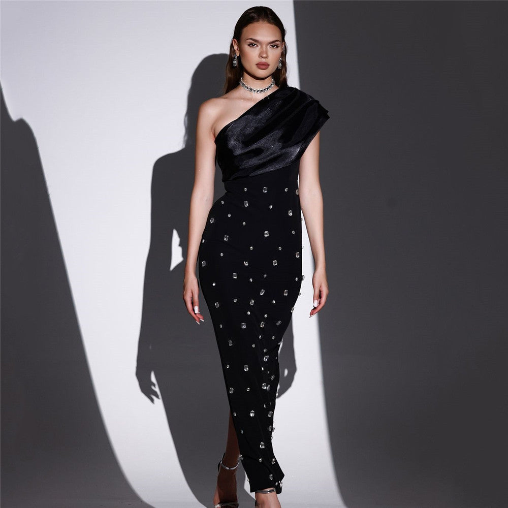 One Shoulder Ruffle Rhinestone Embellished Bandage Column Maxi Gown - View 3
