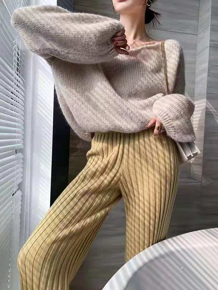 High-waisted draped pitted straight-leg loose knit trousers - Fashionpara