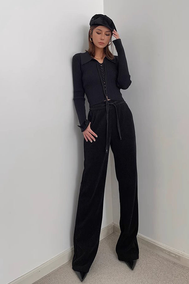 Rib-Knit Lace-Up Sweater Cardigan for Stylish Comfort