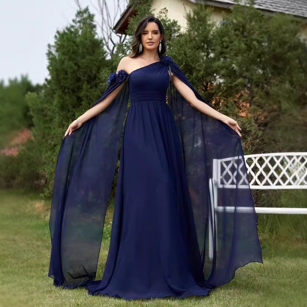 One Shoulder 3D Flower Cape Sleeve Chiffon A-Line Maxi Dress