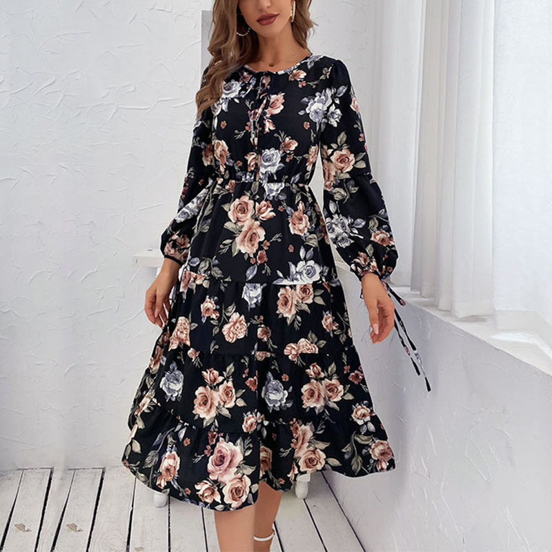 Floral Print Round Neck Long Sleeve Tiered Fit & Flare Midi Dress