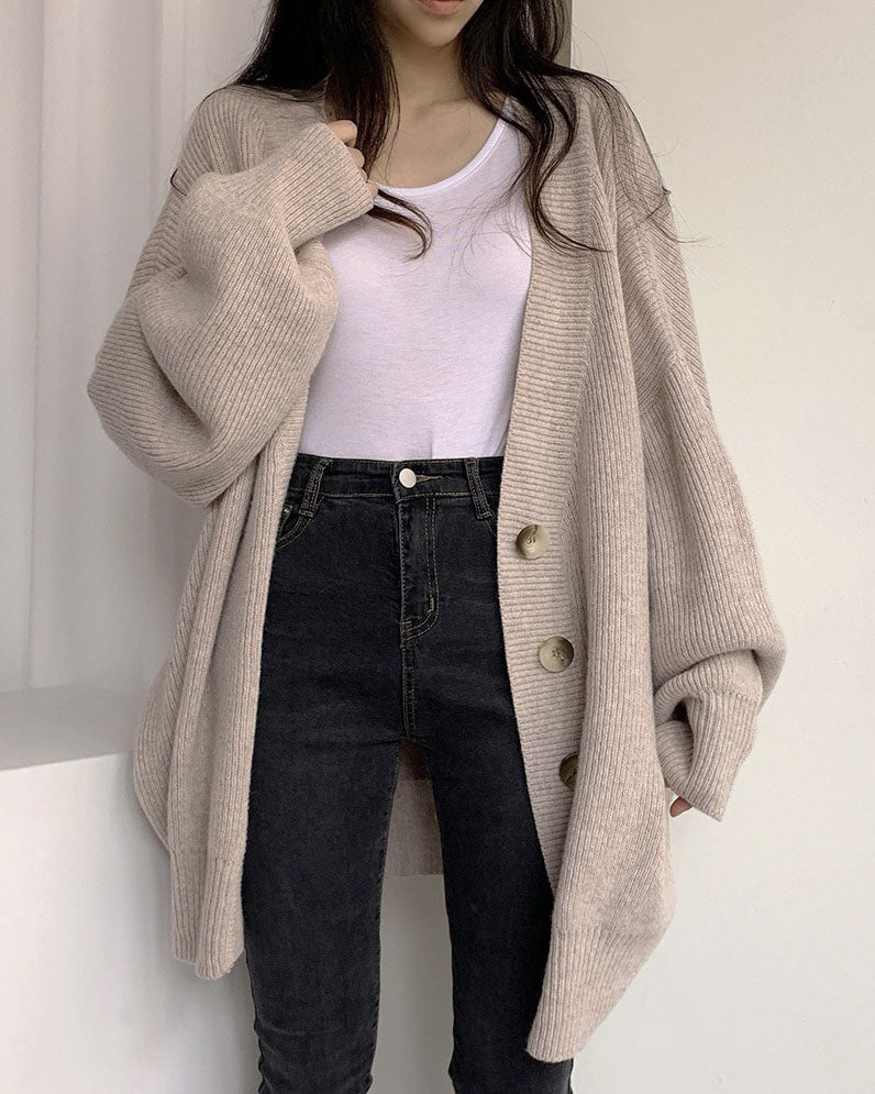 V-neck Loose Lantern Sleeve Knitted Cardigan Sweater