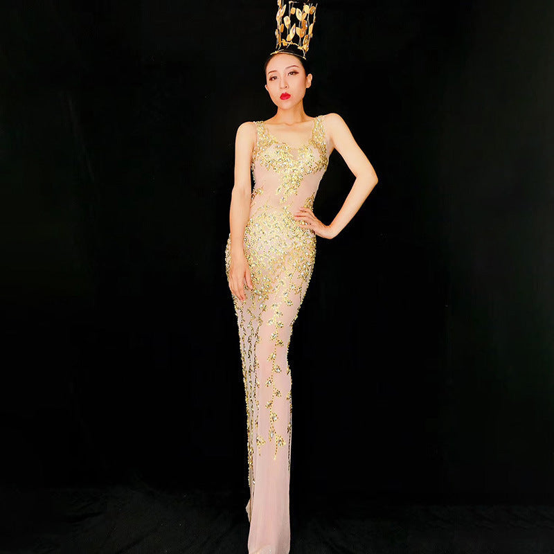 Sequin Beaded Crew Neck Sleeveless Mermaid Maxi Gown