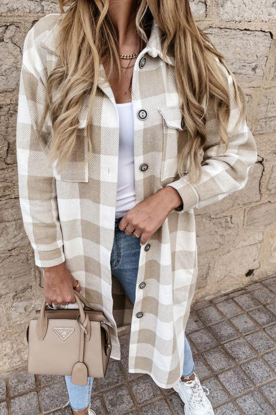 ShoptheCIC Long Lapel Plaid Single-Breasted Coat Jacket