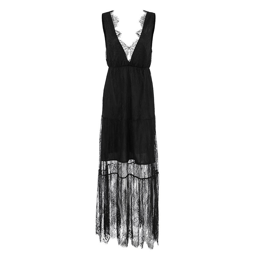 Black Brocade Lace All Matching V-neck Loose Backless Dress - View 5