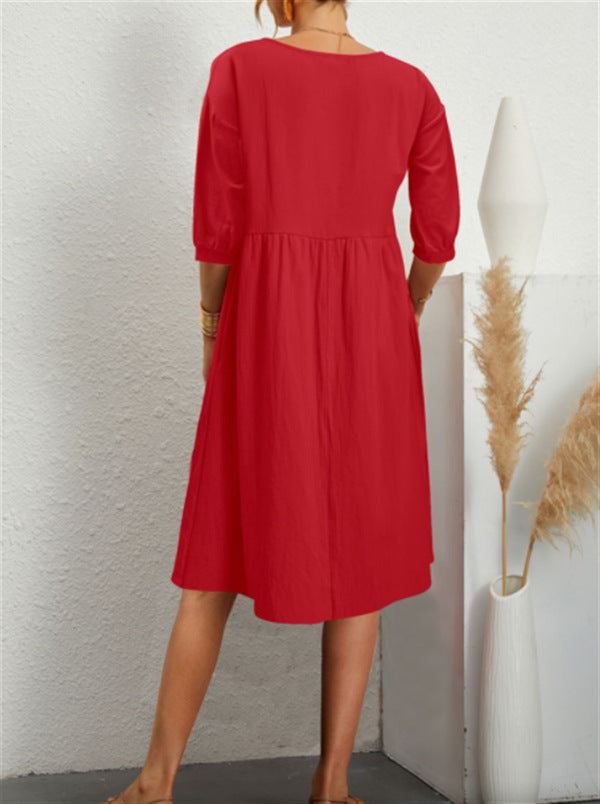 Crew Neck Puff Sleeve Pocket Babydoll Midi Dress