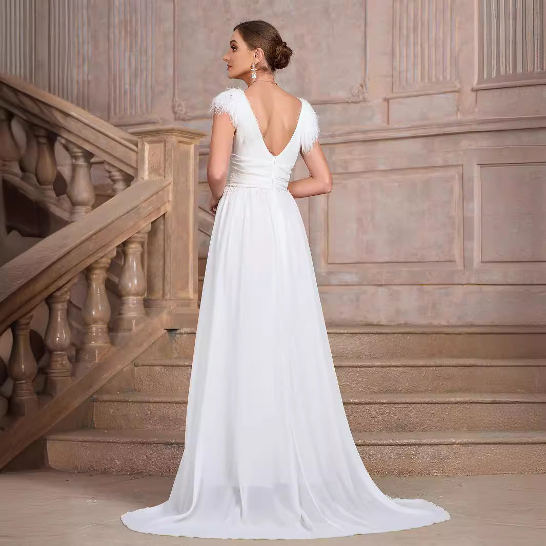 Solid Color V neck Backless Velvet Collar Chiffon Split Elegant Slim Fit Cocktail Evening Dresses - Fashionpara