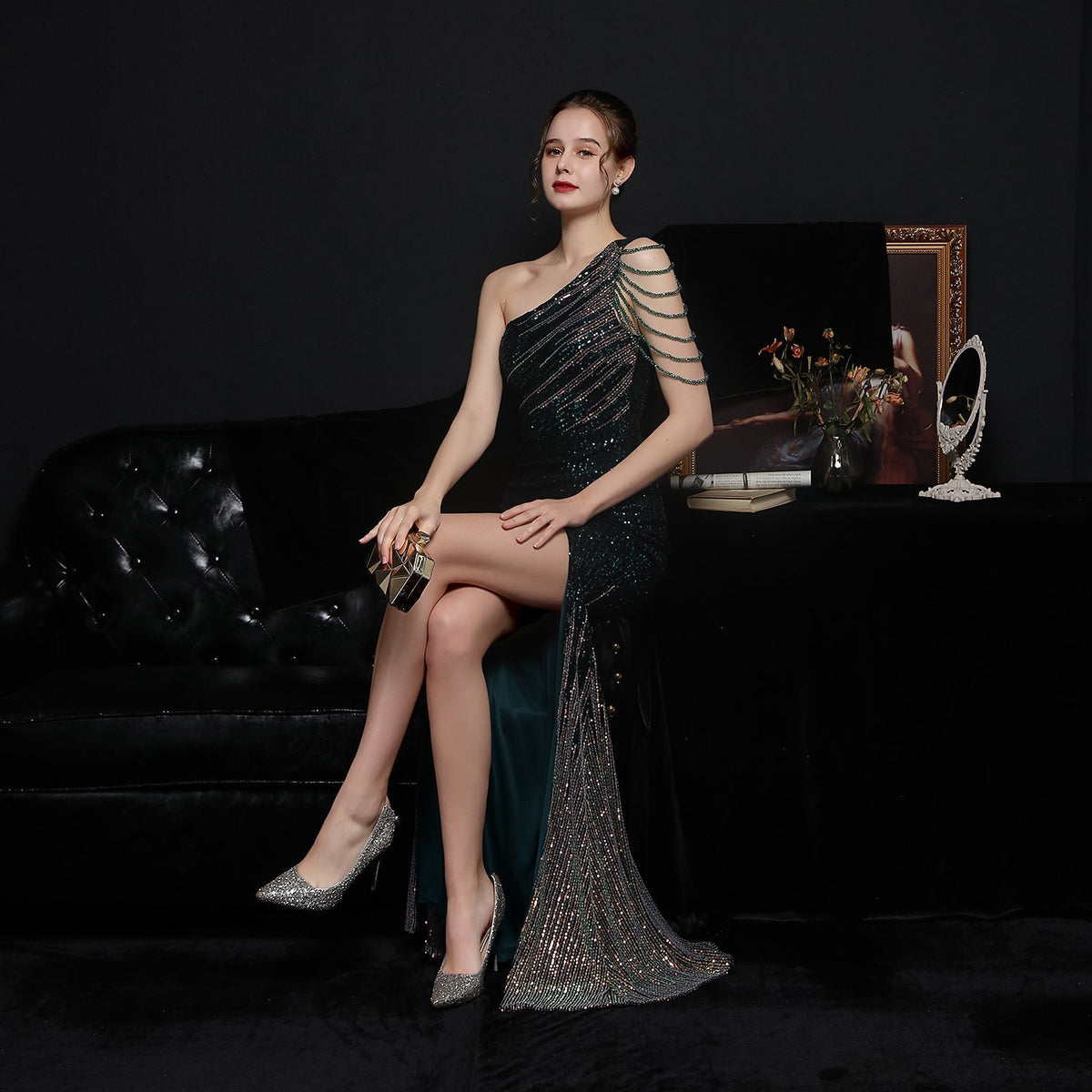 Sequin One Shoulder Beaded Fringe High Split Mermaid Gown - View 4