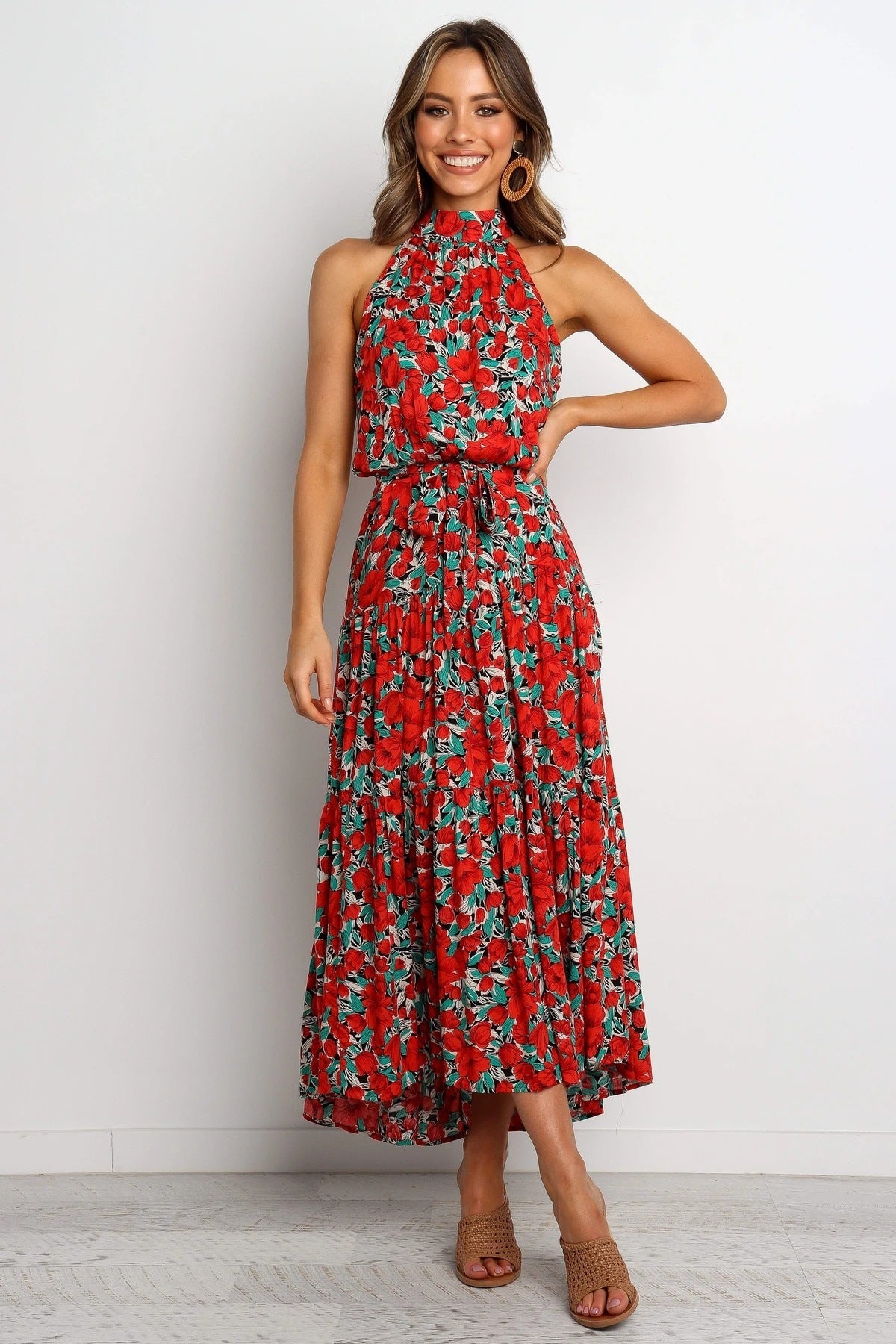 Floral Print Halter Neck Tiered Midi Dress