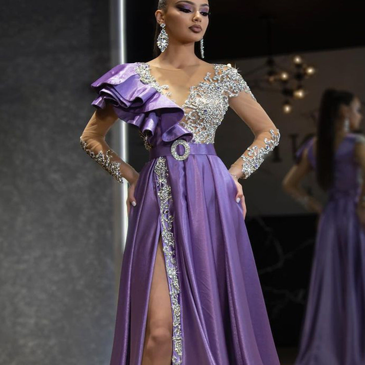 Evening Satin Gold Purple Sequ Dress - Fashionpara