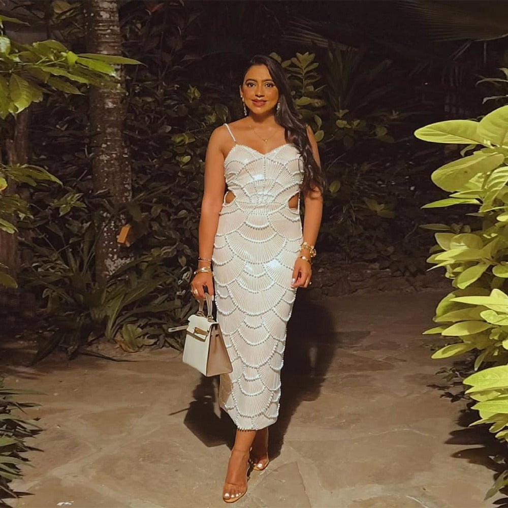 Sequin Beaded Strapless Slit Dress
