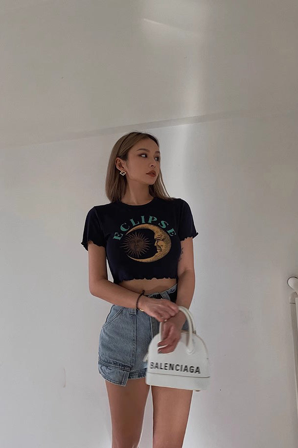 Crew Neck Printed Ruffle Trim Tank Top