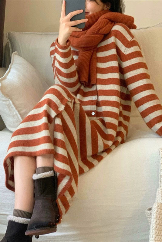 RadyRin V-Neck Striped Knitted Cardigan Dress for Elegance
