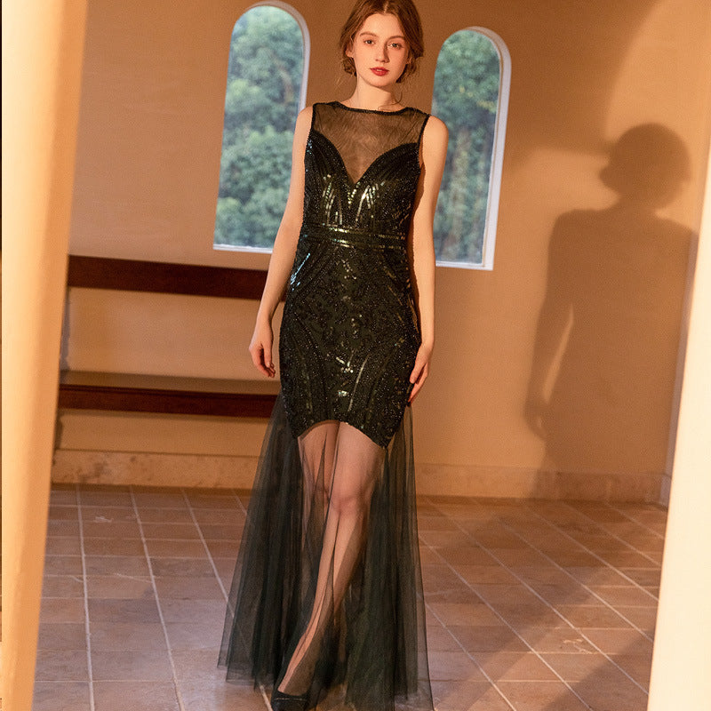 1920s Gatsby Sequin Tulle Sleeveless Bodycon Maxi Evening Dress - Green - Fashionpara