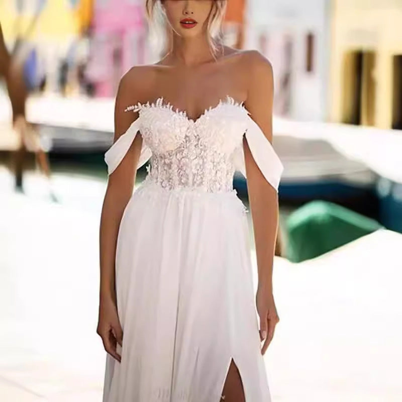 Off-Shoulder High Slit Long Train Wedding Dress