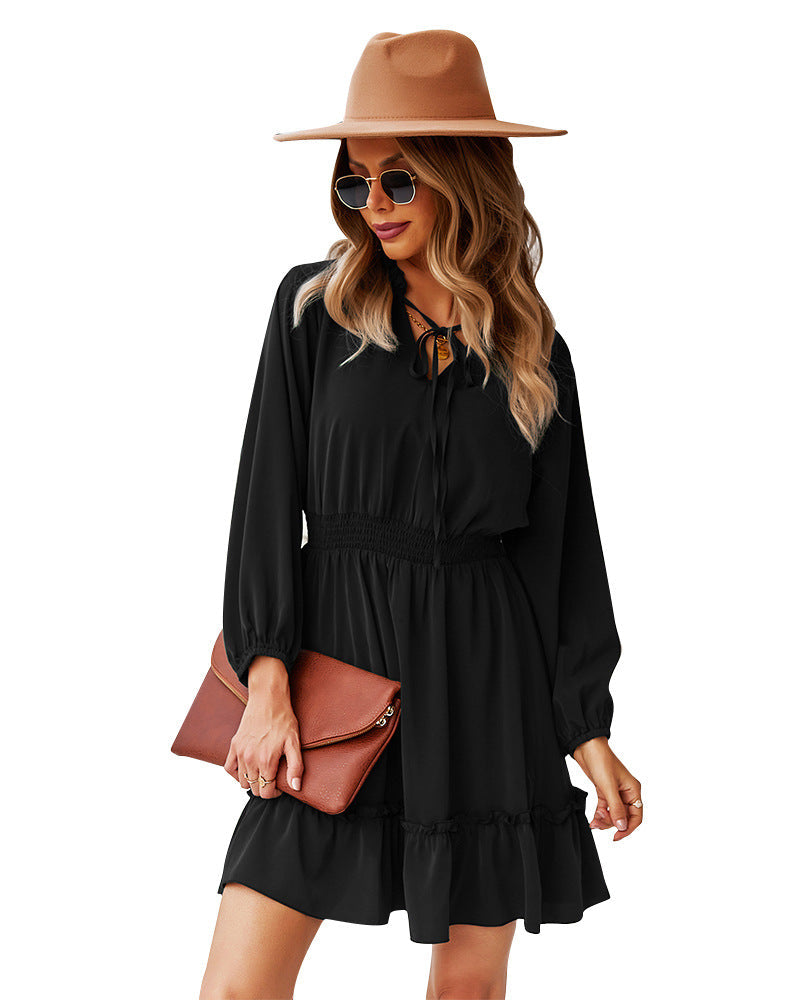 Chiffon Tie Neck Long Sleeve Ruffle Hem Mini Dress