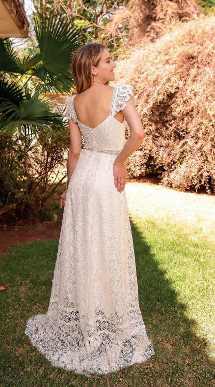 Lace V-Neck Ruffle Strap A-Line Maxi Gown