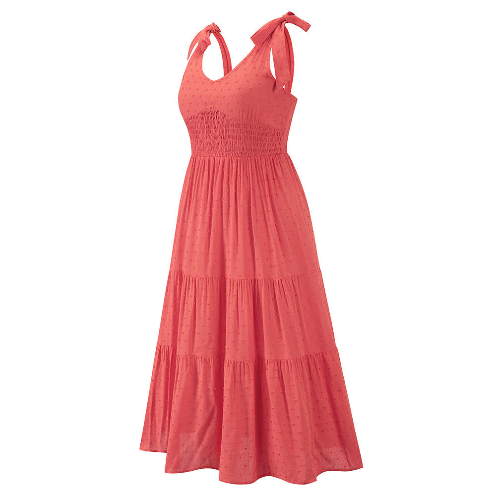V-Neck Tie Shoulder Smocked Waist Tiered Maxi Dress