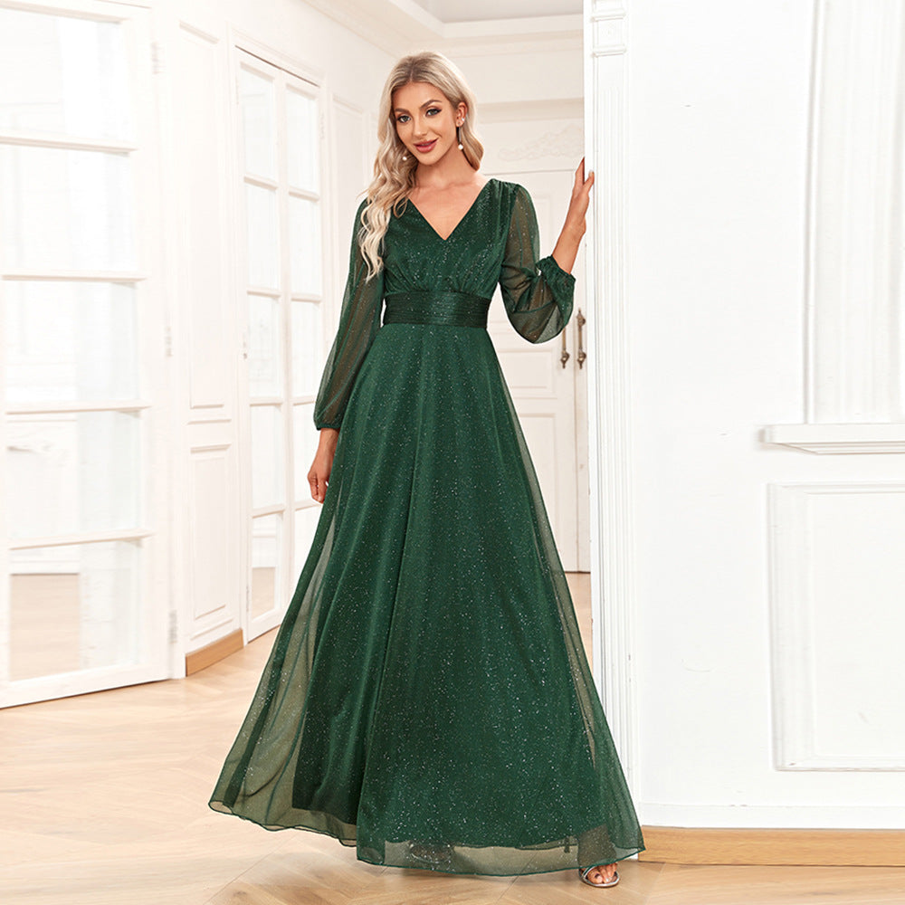 Glitter V-Neck Long Sleeve A-Line Chiffon Maxi Dress - View 4