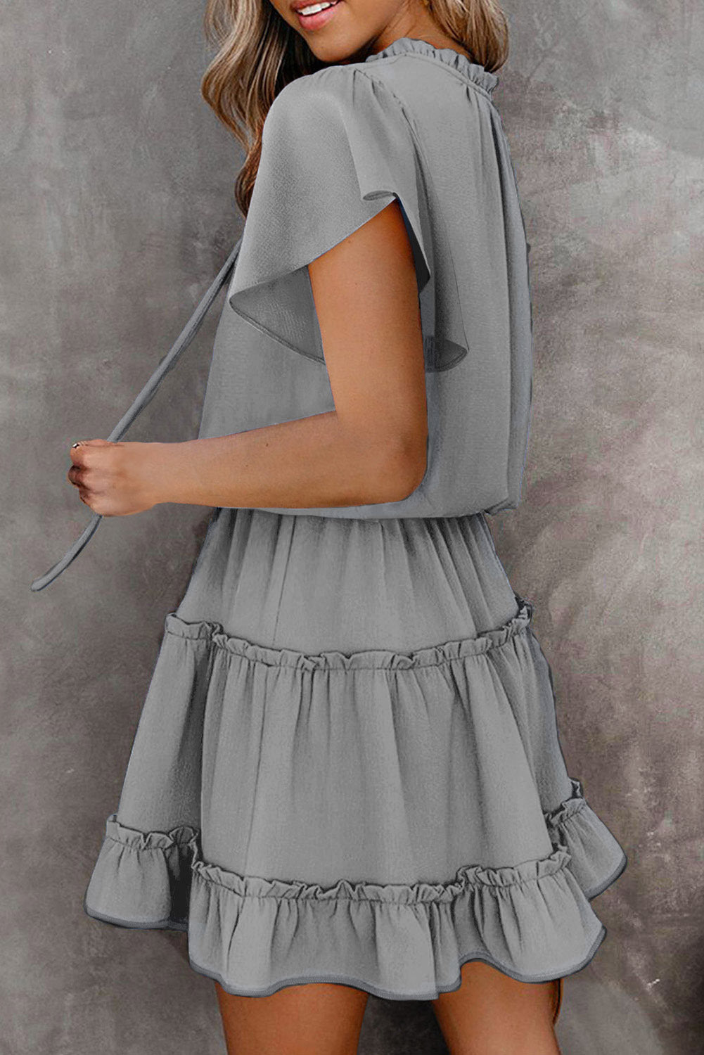 V-Neck Flutter Sleeve Tiered Mini Dress