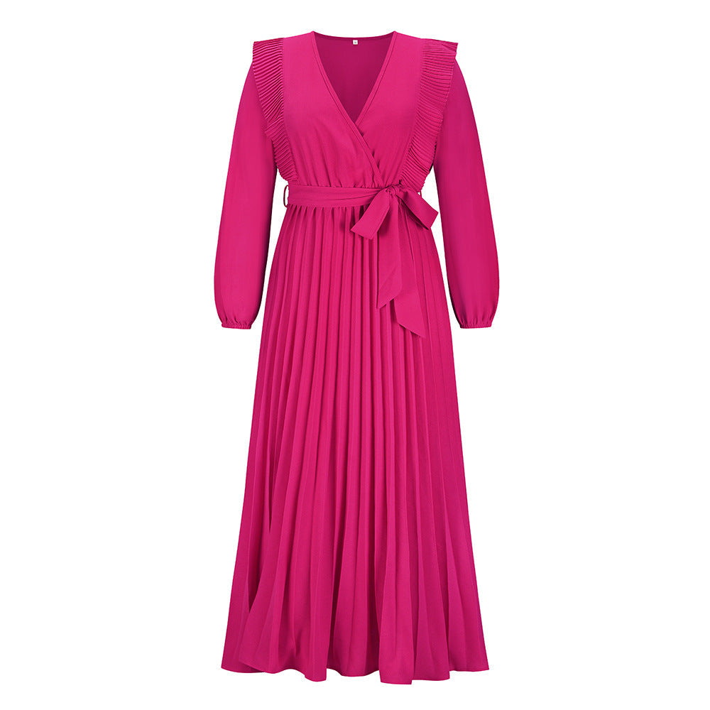 V-Neck Long Sleeve Ruffle Pleated Maxi Dress