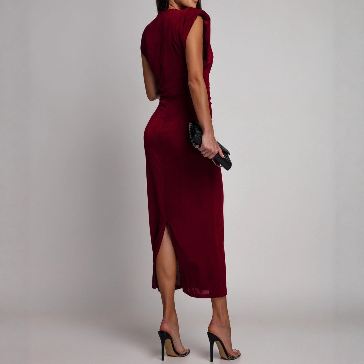 Deep V-Neck Button Front Ruched Bodycon Midi Dress