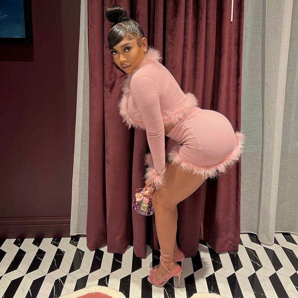 Feather Trim Satin Shirtdress - Fashionpara