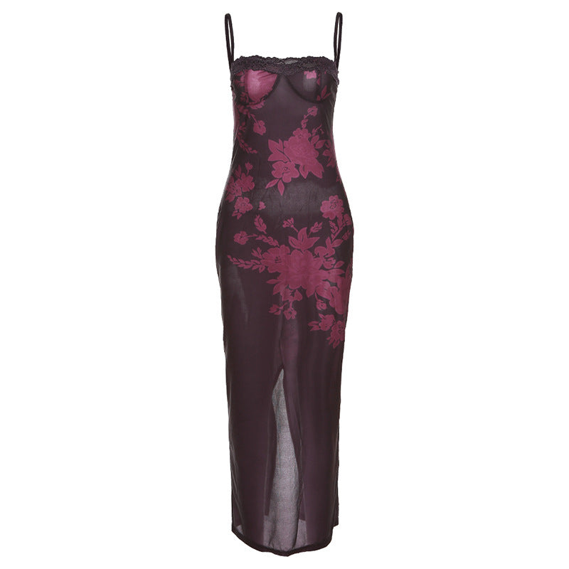 Floral Mesh Spaghetti Strap Sweetheart Lace Trim Bodycon Maxi Dress - View 5
