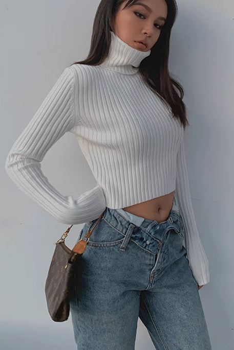 Mock Neck Rib-knit Long Sleeve Crop Sweater for Chic Style