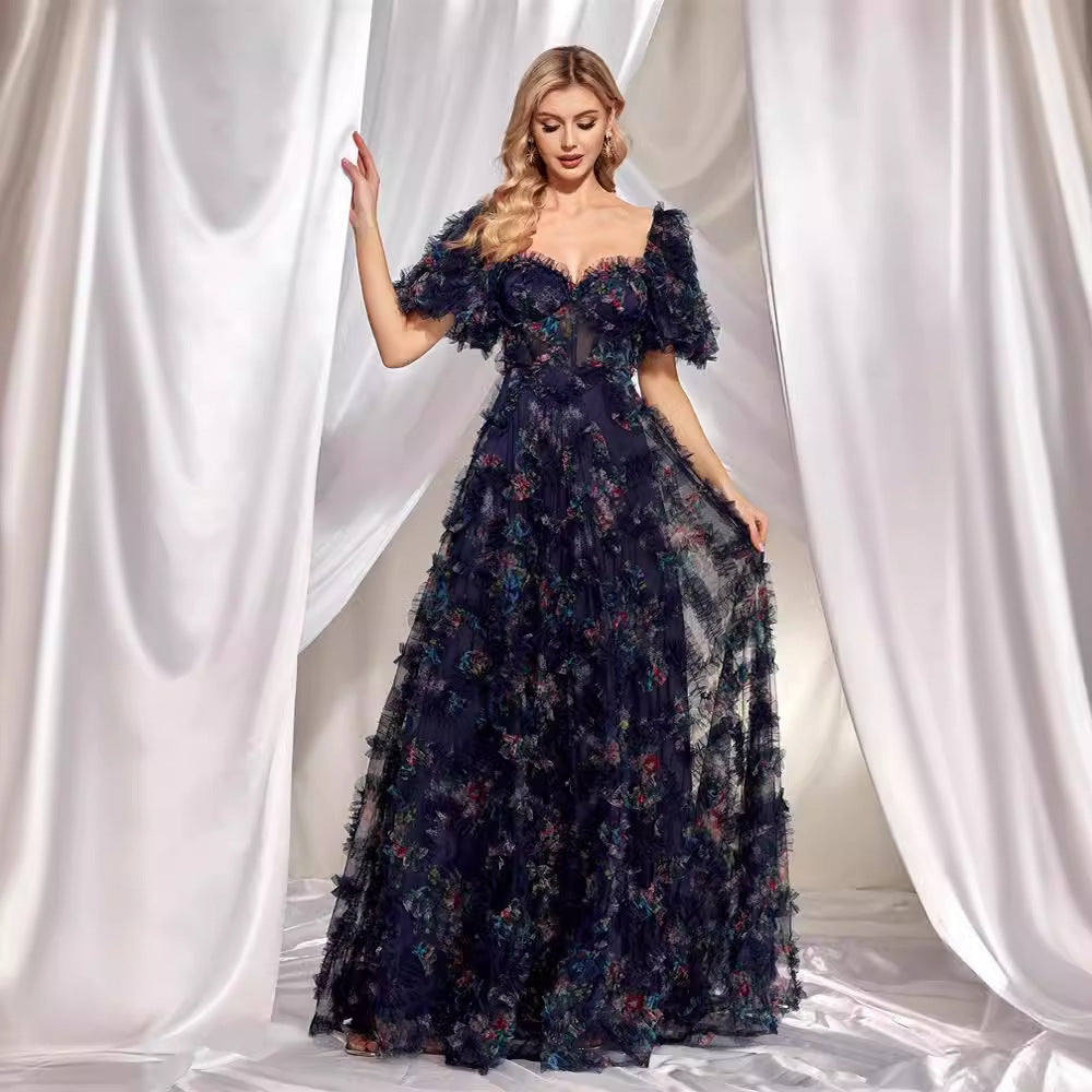 Floral Off Shoulder Puff Sleeve Tiered Tulle A-Line Maxi Gown