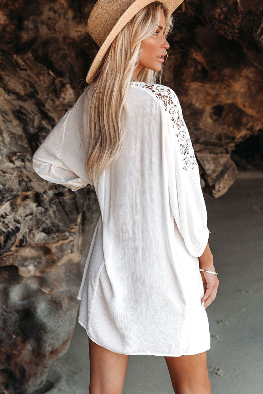 Lace V-Neck Long Sleeve Shift Mini Dress